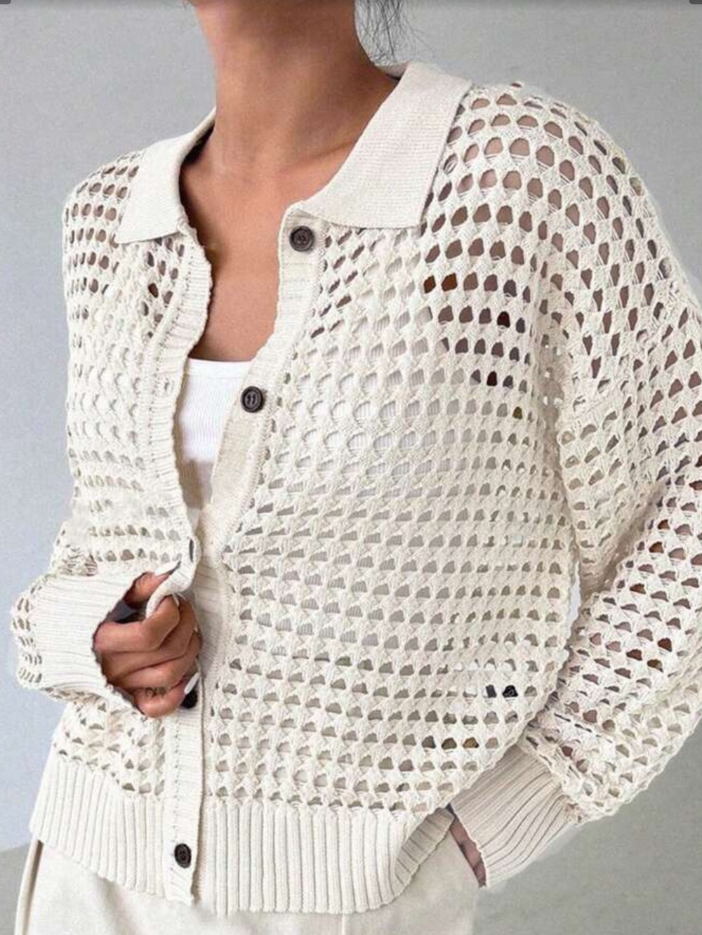 Plus Size Open-Knit Cream Button-Up Sweater Cardigan. Collar. NEW. XXL